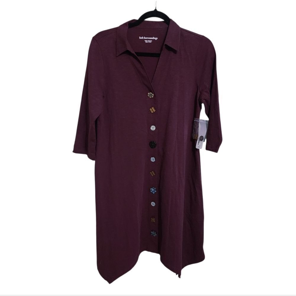 Soft Surroundings Danielle Dress MP Wine Color Button Up 3/4 Sleeve Artsy Nwt
